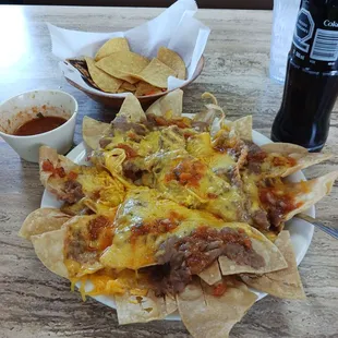 Bean &amp; cheese nachos with chips/salsa and Mex coke on the side