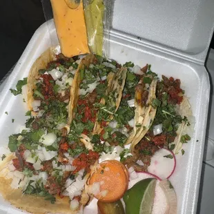 #1 which is 5 tacos these are the Campechano which is asada and chorizo mixed.