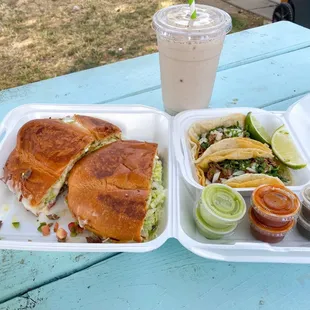 Asada Torta, Birria Beef Tacos, Horchata