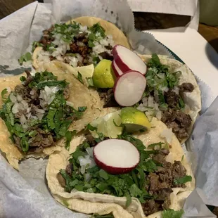 3 tacos de carne asada and 1 de campechana (Mexican sausage and steak) not on menu but well done