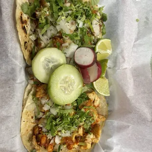 Top is the Pescado Taco. bottom is the Pollo Asado Taco.  Both were delicious!!!