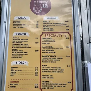 Food menu on the truck