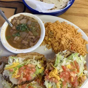 Chicken Puffy Tacos with rice &amp; charro beans.