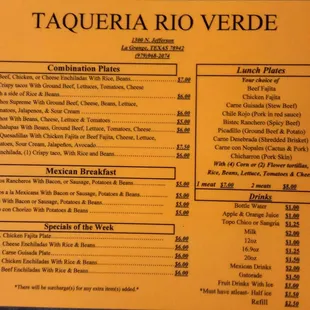 the menu for the restaurant