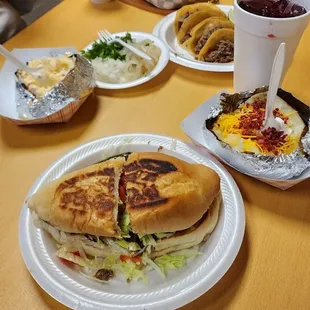 Torta, street tacos, baked potato