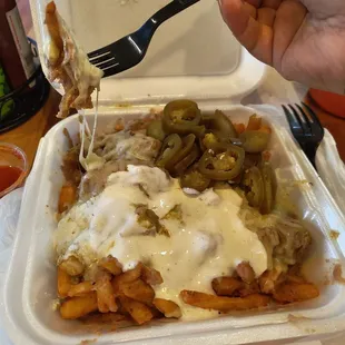 My fav thing to get here. Chile Verde fries with Jack cheese and pico on the side. So goooood.