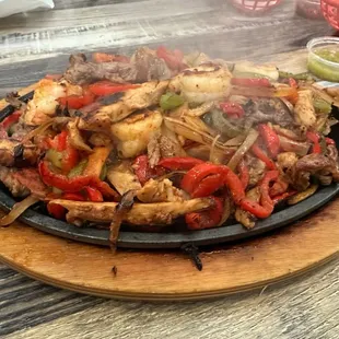 Wonderful fajitas! Chicken, beef, and shrimp.