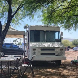 an rv parked under a tree