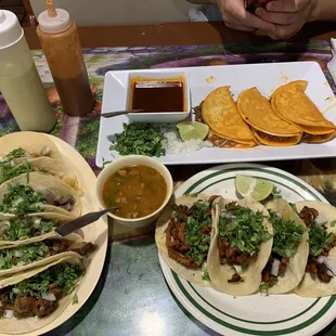 Quesabirria taco plate, 4 Tacos de Trompo con Frijoles Charros, tripas/chicharron/lengua tacos