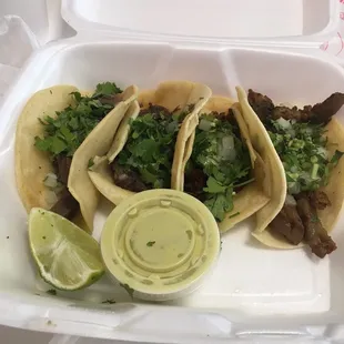 Left to right - lengua, barbacoa, trompo (not on the menu but they have it), tripas. They were all delicious!