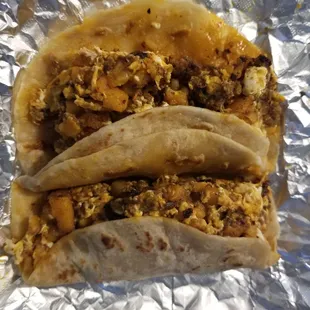 Breakfast tacos: chorizo, egg, potatoes