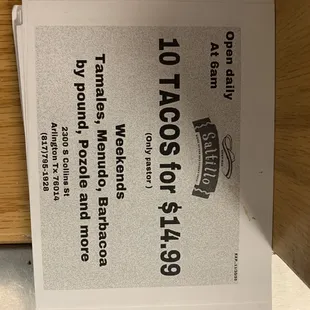 a menu for a taqueria