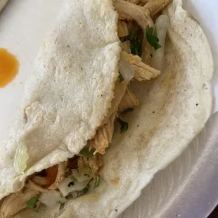 Shredded Chicken tacos. Homemade corn tortillas.