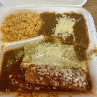 Enchiladas and beans and rice to go