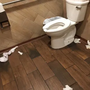 Filthy restroom and this doesn't capture the lake of urine around the toilet fixture