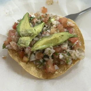 Tostada de ceviche (shrimp ceviche tostada)