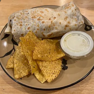 Burrito, sauce, chips