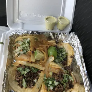 2 carne asada (beef tips), 1 shredded beef and 1 chicken. All good, but carne asada was the best! All this was $5.90.