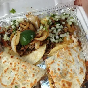 Chicken Quesadilla $3 and two Steak tacos $1.35 each AMAZING