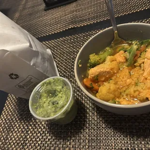 Guacamole Dip and Sopa de Pollo poured into my own bowl (not great tasting)