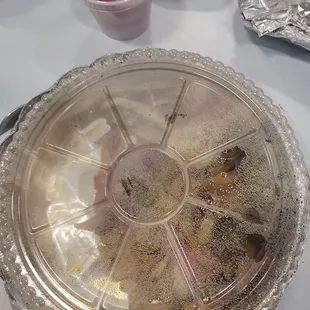 Half full fajitas (before opening) and brown radishes.