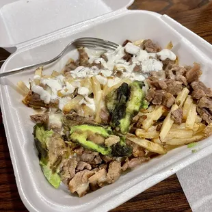 Steak (Carne Asada) Fries ; they forgot to add pico de gallo salsa.