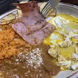 Ham and eggs with beans n rice