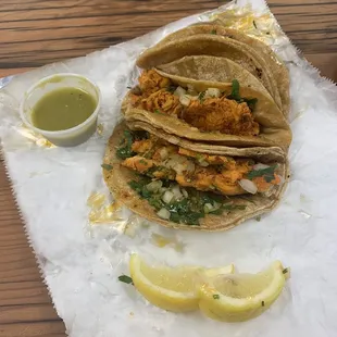 Three chicken tacos for carryout, comes with the salsa. Delicious and filling!