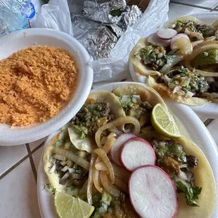 Rice plate , regular asada burritos , &amp; Carne asada tacos with everything