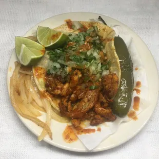 Tacos!Chicken, Chorizo, Lengua, Steak, Shrimp, Shredded Pork, Tripe, as well as Mixed Meat.