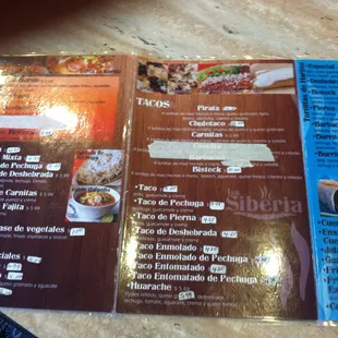 the menu of the restaurant