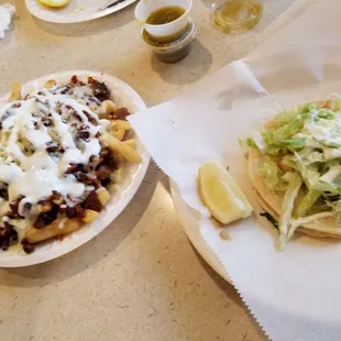 Carne Asada Fries (w/ Al Pastor instead of carne asada) bombbbbb!! And Camaron Taco... weeeakkk