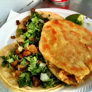 Taco al pastor, taco de beef fajita and chicken and cheese gordita! Delicious!