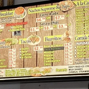 a menu on the wall