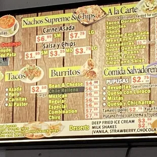 a menu on the wall