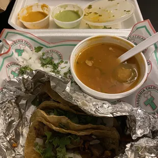 Tripa tacos with the borracho beans and salsas