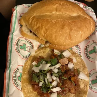 Al pastor torta, chicharrón prensado taco