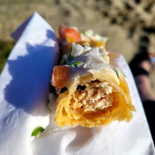 At Albany beach, enjoyiny my chicken flauta.