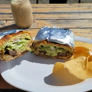 Steak torta with 4 nacho chips and horchata on 5/25/24