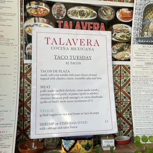 Taco Tuesday menu at Taqueria Talavera in Berkeley.