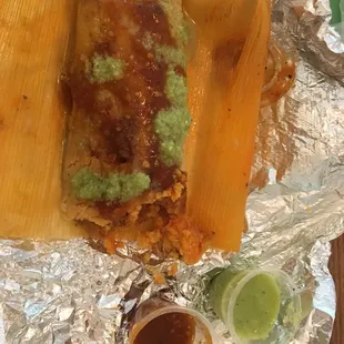 Pork tamale (added red and green salsa)