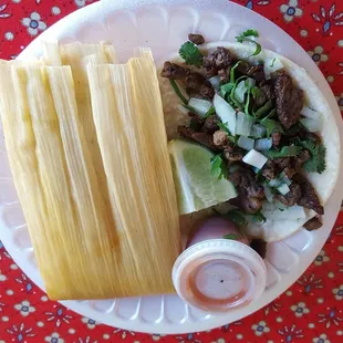 Tamale and steak taco