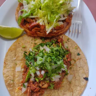 Al pastor sope on top, birria taco on bottom