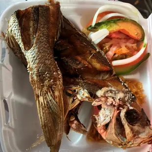 Overfried Red Snapper, Rice, and Salad