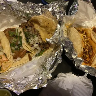 From (L-R): shrimp, tripa, fajita, breakfast-chorizo, breakfast-sausage