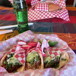 Adobada, carnitas and lengua tacos. Carnitas torta.