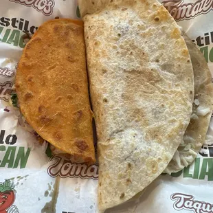 Quesobirria taco and a carne asada quesadilla