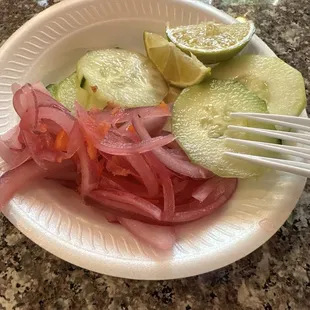 Sides of cucumber and pickled onion.