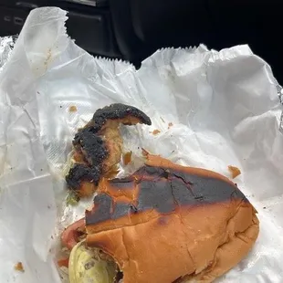 a burnt sandwich in a wrapper