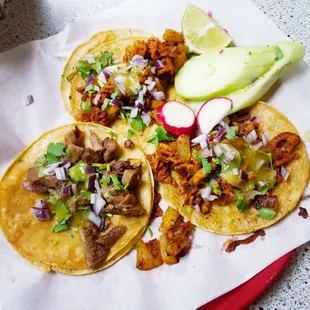 2 tacos al pastor and 1 lengua taco